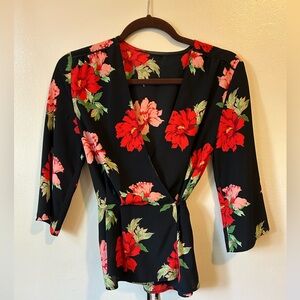 Size 2 Black wrap top with red floral pattern